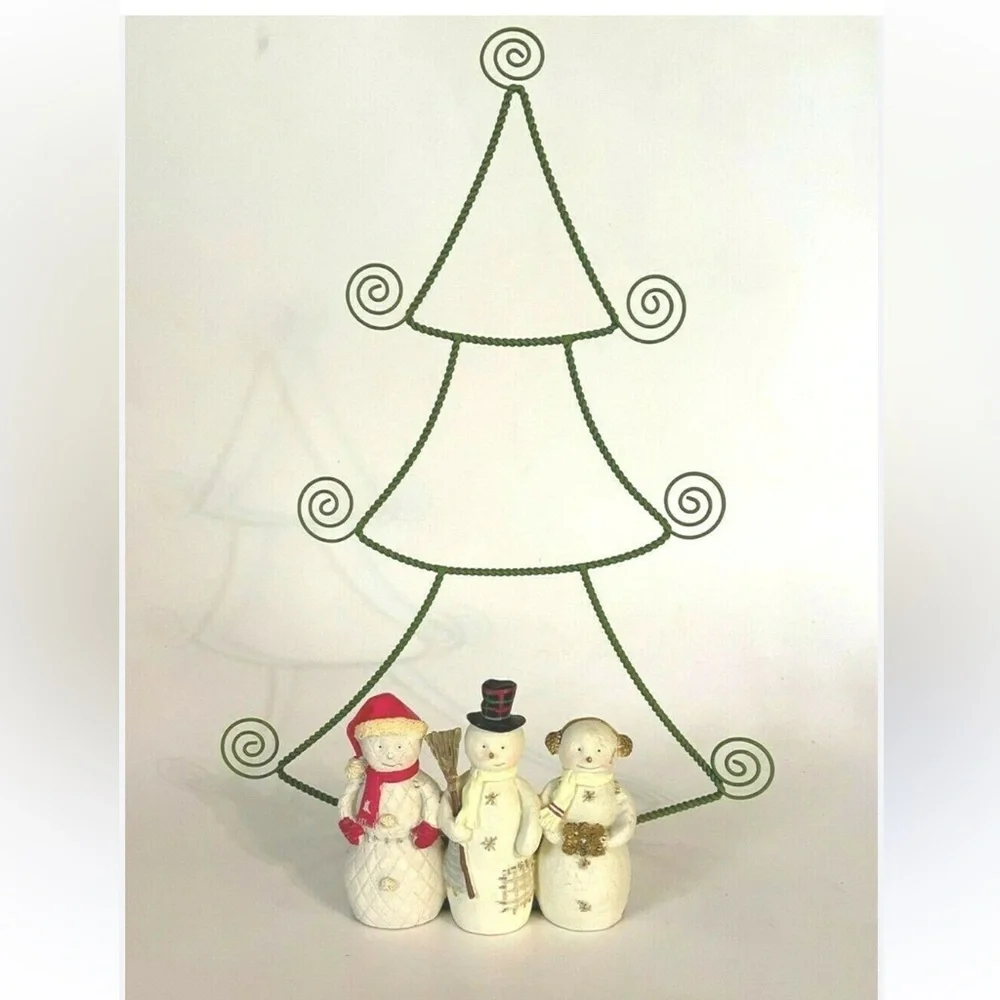 Hallmark Vintage Christmas Card Holder Festive Snowman Trio with Green Wire Tree